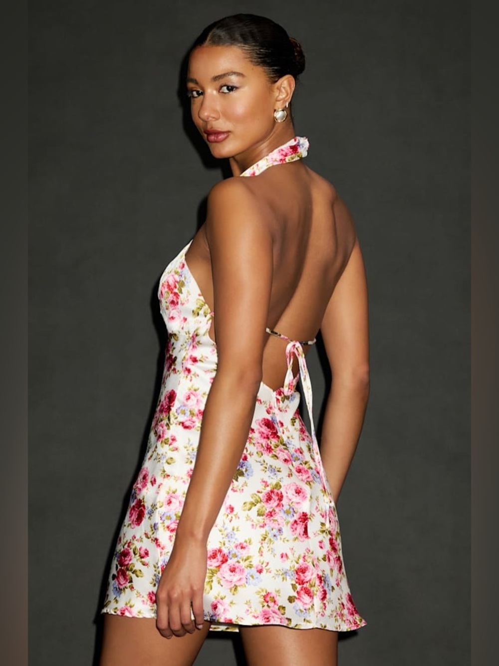 LULU’S Mayar Ivory Floral Satin Cross-Front Halter Mini Dress - Picture 2 of 5